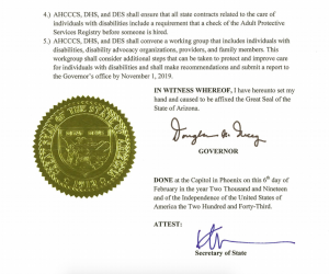 Page two of Gov. Ducey's Executive Order 2019-03, showing his signature and the Arizona state seal